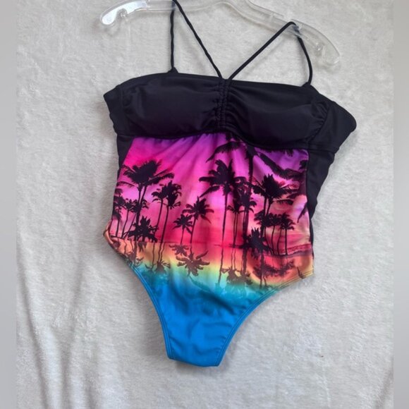 Ocean Pacific OP Vintage Palm Trees Beach Print Neon Halter Pads Bra Swim Suit L - Picture 2 of 16